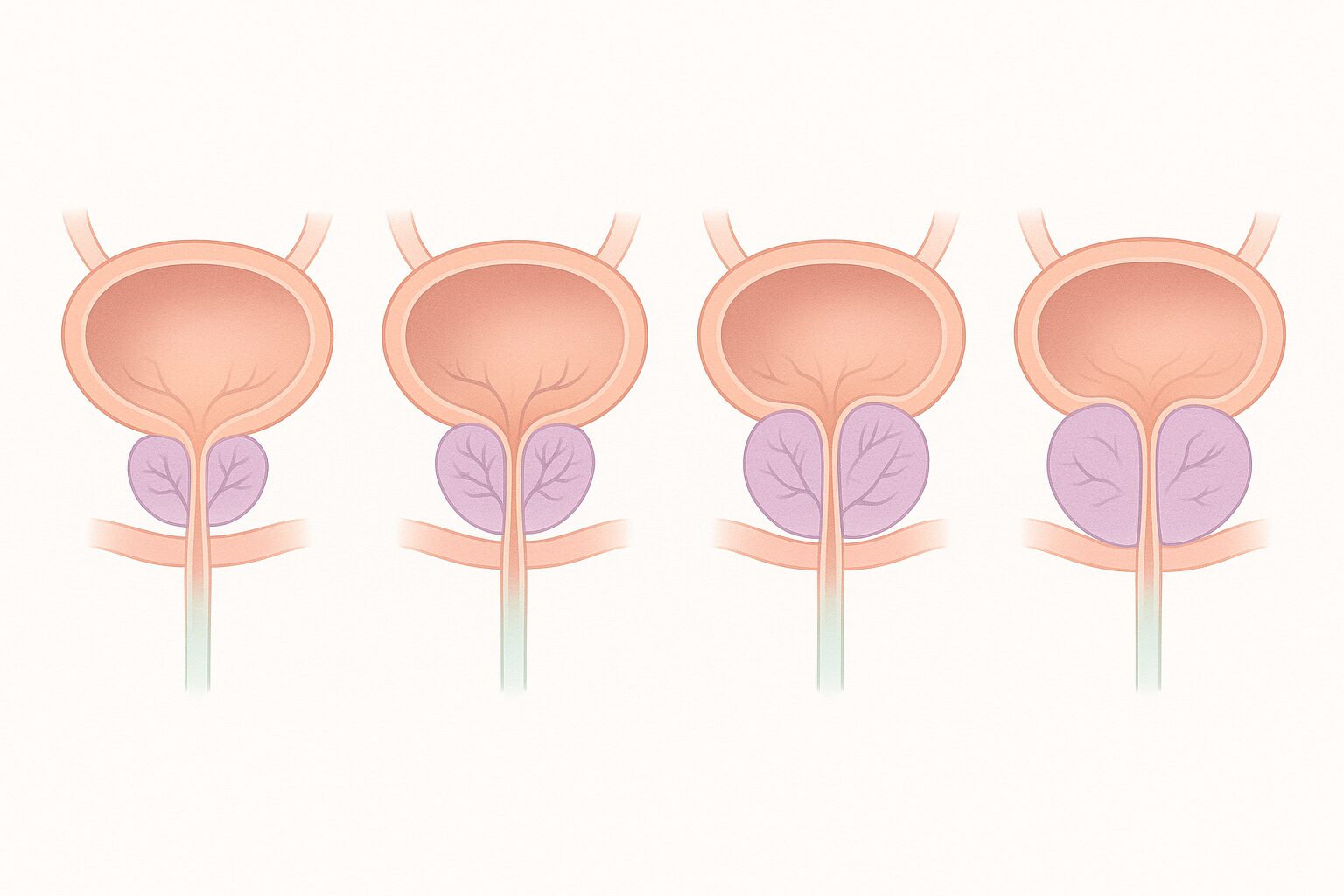 Stylized illustration of the 4 stages of benign prostatic hyperplasia